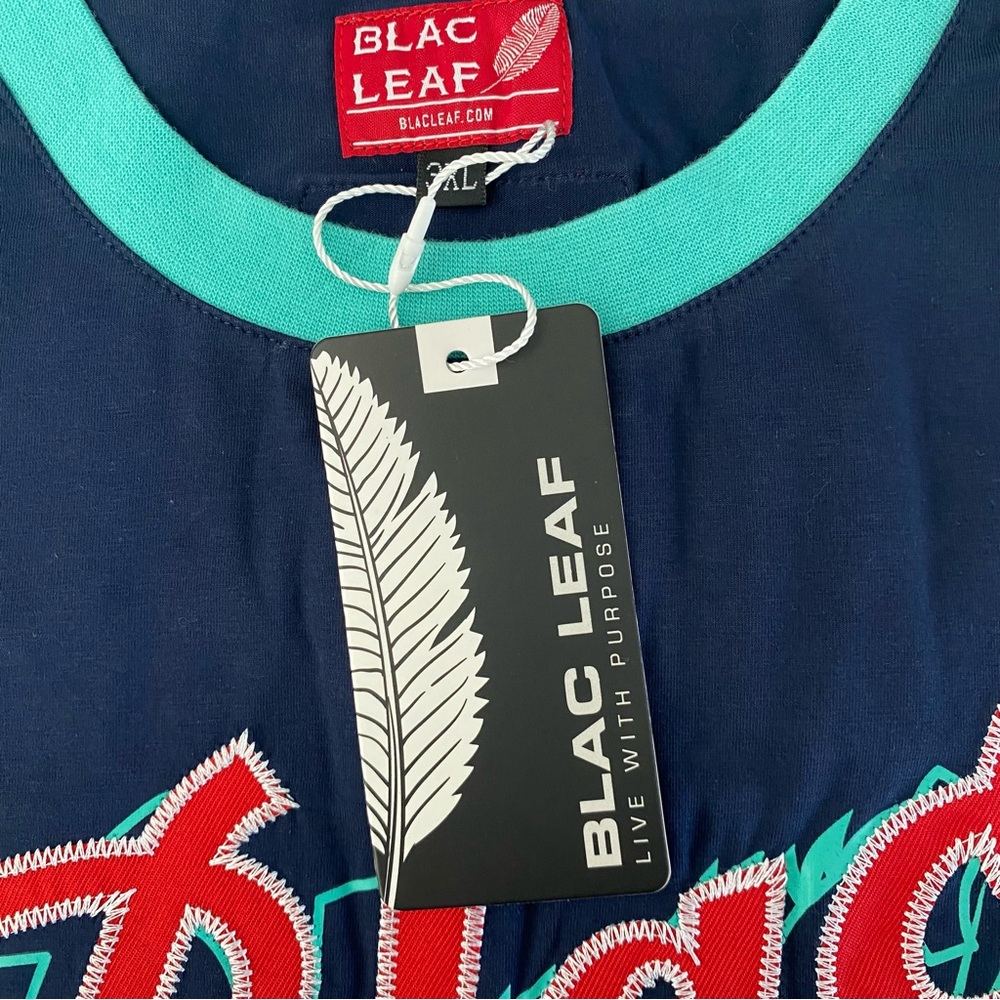 Men’s Short Sleeve Baseball Tee Blac Leaf Print Blue Blac Leaf Size S - Picture 3 of 6
